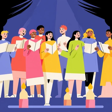 A diverse group of choir singers stands on a stage, each wearing colorful choir robes. The singers include individuals of different ethnicities, genders, and ages, creating a vibrant display of unity. They are positioned in a semi-circle, with some holding sheet music. Around them, glowing candles in various heights flicker gently, casting a warm light that enhances the atmosphere. The background features a deep blue curtain, contrasting with the bright colors of the robes and the soft glow of the candles. The singers are engaged in harmonizing, their expressions conveying joy and passion for the music.