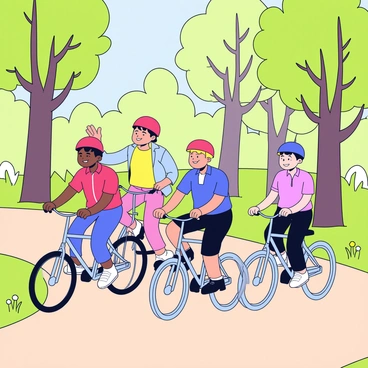 A group of four friends riding bicycles on a dirt forest trail. Two of the friends are wearing bright red helmets, while the other two have blue helmets. The trees surrounding the trail are tall with green leaves, and sunlight filters through the branches, creating dappled light on the ground. One friend is in the lead, pedaling vigorously, while another friend is smiling and waving. The remaining two friends are riding alongside, sharing laughter and conversation. The trail is slightly winding, with patches of grass and wildflowers visible alongside the path.