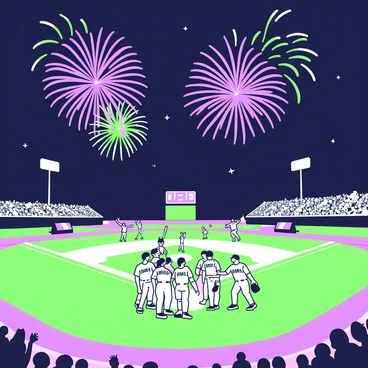 A baseball field is illuminated under the night sky. In the center, players are gathered, celebrating a victory, with some holding bats and gloves. Surrounding the field, spectators are cheering with excitement, some waving flags. Above the field, colorful fireworks are bursting in the sky, creating a vibrant display. The explosions of light are various shapes, adding to the festive atmosphere. The grass of the baseball field is lush and well-maintained, contrasting with the dark night. A scoreboard in the background displays the final score, while the stadium lights shine brightly on the field.