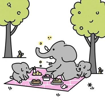 A large elephant, "Babar," is sitting on a vibrant, checkered picnic blanket spread out on the grass. He is surrounded by his family, including smaller elephants, all happily enjoying various picnic foods. There are plates of sandwiches, fruits, and drinks placed around them. The park features tall, lush green trees providing shade and a few colorful flowers blooming nearby. Sunlight filters through the leaves, casting playful shadows on the blanket.