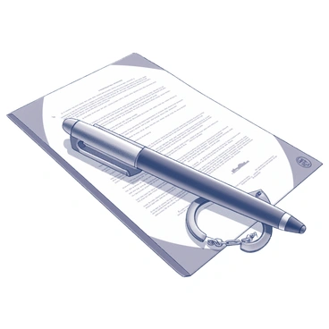 A pen with a clip designed as handcuffs is placed on top of a legal document. The pen is in a sleek, modern design, and the handcuff clip is detailed, showcasing the lock and chain features. The legal document has visible text, printed lines, and an official seal in the corner, indicating its significance. The composition highlights the contrast between the pen and the document, emphasizing a sense of authority and professionalism.