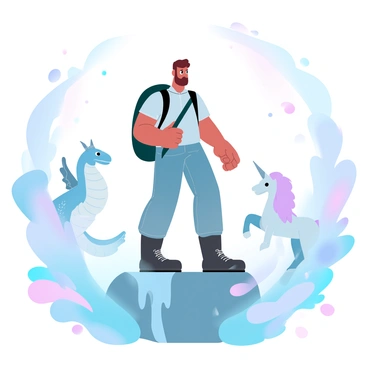 A realistic explorer stumbling upon a realm filled with mythical illustrated beings
