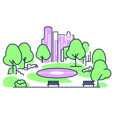 A helicopter pad is situated in the center of an urban park. It features a circular landing area marked by clear lines. Surrounding the pad, there are several green trees providing shade and enhancing the natural feel of the park. Wide walking paths made of smooth material wind through the park, leading to various benches where people can sit and enjoy the scenery. In the background, there are tall buildings that frame the park, contrasting with the greenery.