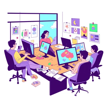 A group of illustrators is gathered in a bright, modern Australian studio filled with sleek digital workstations. Each illustrator is focused on their own computer, showcasing various digital tools on their screens. Large windows allow natural light to flood the space, illuminating their faces as they explore new techniques. On the walls, colorful illustrations and design sketches are pinned, reflecting their creative styles. One of the illustrators is sharing tips with a colleague, gesturing towards a graphic tablet while another is adjusting settings on their software. The atmosphere is dynamic and collaborative, with tools and resources readily available on large wooden tables around them.