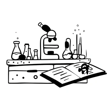 A microscope positioned prominently on a wooden workbench, surrounded by an array of scientific tools. There are several pipettes arranged neatly next to the microscope, alongside stainless steel forceps resting beside them. A set of glass beakers of various sizes, some filled with liquid, are scattered across the workbench. The surface of the workbench shows signs of use, with a few markings and stains from previous experiments. A notebook is laying open with handwritten notes and diagrams nearby.