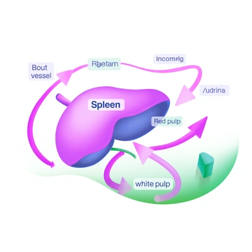 A modern pastel illustration depicting a simplified diagram of the spleen's structure. The spleen is illustrated with a rounded shape in soft shades of purple and blue, labeled clearly. Surrounding the spleen, there are arrows in a gentle gradient showing the direction of blood flow. These arrows are colored in light red and pink, indicating both incoming and outgoing blood vessels. Additional labels are present to identify key components, such as the red pulp and white pulp, enhancing the educational quality of the diagram.