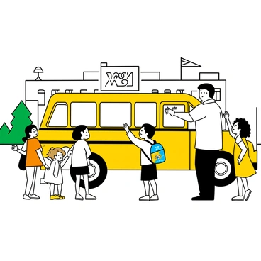 A group of children stands in a line, eagerly waiting to board a school bus. The bus is yellow with large windows and the door is open. One child, wearing a backpack with colorful designs, is stepping up the stairs. Another child, with curly hair, is waving to a parent standing nearby. A girl wearing a bright dress is pointing excitedly at something outside the bus. The background features a large school building with a flagpole and green trees. The children display a range of expressions, from smiles to looks of anticipation.