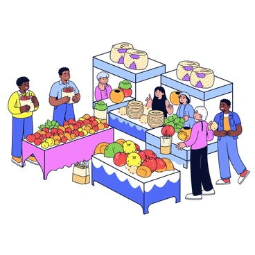 A lively open market featuring a variety of colorful stalls. Each stall is filled with fresh produce, such as vibrant red tomatoes, bright green lettuce, and golden oranges. Handmade crafts are displayed prominently, including woven baskets and intricately painted pottery. People are browsing and interacting, with a few holding bags filled with their purchases. The atmosphere is busy, with vendors calling out to attract customers.