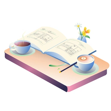 An open sketchbook is resting on a wooden café table. The pages of the sketchbook display rough drafts of illustrations, with pencil sketches and ink lines visible. Nearby, there are two coffee cups, one filled with a dark brew and the other with a light-colored latte topped with foam art. The table has a few coffee stains, adding a lived-in look. A small vase with a single daisy sits to the side, completing the cozy café atmosphere.