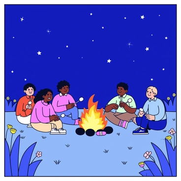 A field at night with a dark blue sky filled with bright stars. In the center of the field is a cozy campfire surrounded by several people sitting on the grass. The campfire emits a warm orange glow, illuminating the faces of the people gathered around. Some of them are roasting marshmallows on sticks, while others are chatting and smiling. The silhouettes of tall grass and wildflowers frame the scene, adding to the tranquil atmosphere of the night.