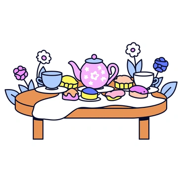 A wooden table with a white tablecloth spread over it. On the table, there are two delicate pastel-colored teacups with matching saucers. A matching teapot sits prominently in the center, featuring a floral design. Surrounding the teacups, there is an assortment of pastries including small tarts with fruit toppings, macarons in various colors, and a layer cake with icing. The scene is set in a cozy garden with a few flowers in the background.