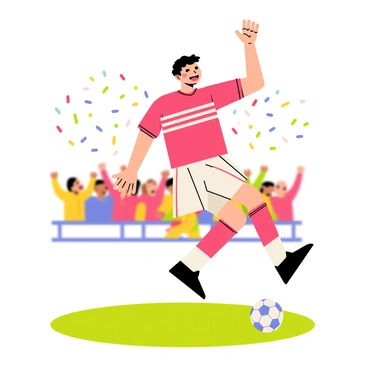 A soccer player wearing a bright red jersey with white stripes is jumping joyfully in the air. The player has short black hair and a wide smile, celebrating the recent goal. In the background, colorful confetti is falling from the sky, and a cheering crowd can be seen with hands raised. The grass field is vibrant green, and a soccer ball is visible rolling in the foreground.