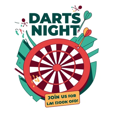 A vibrant poster features a large dartboard at the center, surrounded by colorful darts in various positions around it. The dartboard has alternating red and white sections, and a few darts with teal and orange flights are protruding from it. Above the dartboard, the text "DARTS NIGHT" is prominently displayed in bold letters. Below the dartboard, there is a smaller text that reads "Join us for a night of fun!" in an appealing font. The background has a mix of teal and orange patterns that create a lively atmosphere, enhancing the excitement of the event.