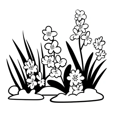 A variety of flowers with detailed petals are blooming along the edge of a marsh. The flowers are arranged in clusters with different shapes and sizes, creating an intricate pattern. Tall grasses sway gently beside the flowers, adding texture to the scene. The water of the marsh reflects the surrounding flora, completing the natural composition.