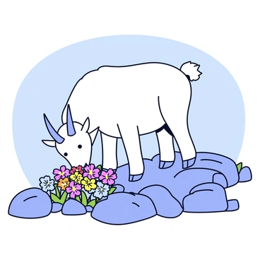 A mountain goat with a white coat and curved horns is standing on a rocky terrain. The goat is leaning down to sniff a cluster of colorful alpine blossoms. The flowers are vibrant and varied, surrounded by patches of green grass and small rocks. In the background, there are more rocky surfaces and a clear blue sky.