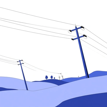 High voltage power lines are extending across a rural landscape during sunset. The lines are suspended from tall metal towers, casting long shadows on the ground below. In the background, rolling hills are visible, and a few scattered trees sway gently in the breeze. The sky is filled with distinct patterns created by the setting sun, with the silhouettes of the power lines prominently featured against the horizon. The landscape appears tranquil, conveying a sense of isolation and the vastness of nature around the man-made structures.