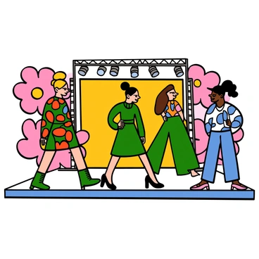 A runway scene featuring a diverse group of models showcasing iconic 1960s fashion looks. The first model is wearing a bold, geometric-patterned mini dress with vibrant colors and knee-high go-go boots. The next model displays an elegant A-line dress with a high neckline and a cinched waist, paired with sleek, pointed-toe heels. Another model walks confidently in a striking bell-bottom pants outfit with a tie-dye blouse and platform shoes. The background includes a brightly colored, retro-inspired set with large flower decorations, highlighting the playful nature of the era. The atmosphere is lively, with spotlights illuminating each model as they strut down the runway.