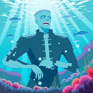 Frankenstein's monster, with greenish skin and visible stitches marking the seams of his large frame, is swimming through a vibrant underwater world. His expression is one of curiosity as he gazes at colorful coral reefs and shimmering schools of fish swimming around him. Various marine plants sway gently with the currents, adding to the rich palette of blues and greens. Sunlight filters down from the surface, casting dynamic patterns on the ocean floor. Bubbles escape from the monster's mouth as he explores ancient shipwrecks draped in seaweed and barnacles.