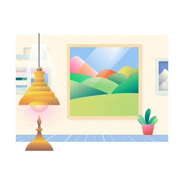 An ornate oil lamp with a brass finish is placed on a small pedestal in the foreground, casting a warm glow. The lamp's light illuminates a beautiful painting hanging on the wall, which features a vibrant landscape of rolling hills and a bright blue sky. The art gallery has soft beige walls and wooden flooring, with minimalist frames displaying other art pieces around. A small potted plant sits in one corner of the gallery, adding a touch of greenery to the scene.