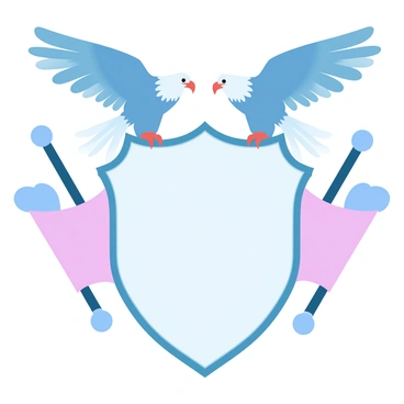 A large shield is centered in the image, prominently featuring a bold design. The shield is adorned with two vivid flags, each waving gracefully from either side. Above the shield, two majestic eagles are depicted in flight, their wings spread wide, symbolizing strength and freedom. The eagles are positioned in a way that their talons appear to grip the edges of the shield, enhancing its prominence. The entire design is encompassed in a detailed border that adds depth and intricacy to the overall composition.