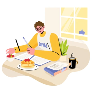 A student sitting at a wooden table, focused on studying. The student has short brown hair and is wearing glasses. In front of the student is an open notebook and a laptop displaying study materials. On the table, there is a plate with a fluffy pancake topped with syrup and a bowl of fresh berries. A steaming cup of coffee is placed nearby, and there is a small potted plant adding a touch of green to the scene. The morning light is streaming in through a window, casting a warm glow on the table.