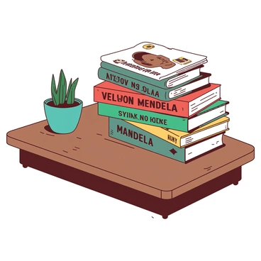 A collection of books about "Nelson Mandela" is stacked neatly on a brown wooden table. The books have vibrant covers in various shades, showcasing images and titles related to his life and achievements. A small teal potted plant sits beside the stack, adding a touch of greenery to the scene. The wooden table has a polished surface, reflecting soft light, and there are subtle grain patterns visible in the wood.
