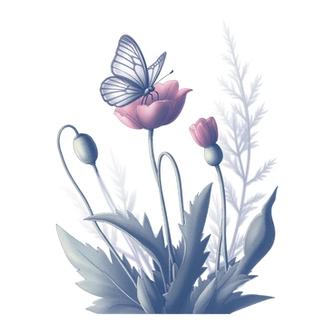 A butterfly with intricate wing patterns is delicately perched on a vibrant poppy flower. The flower stands tall with broad, textured petals, showcasing its distinct shape. Surrounding the poppy are several lush green leaves that provide a natural backdrop. Sunlight filters through, casting soft shadows on the flower and the butterfly, enhancing their details. The garden setting is filled with other foliage and blooms, adding to the rich texture of the scene.