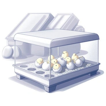A farm setting with an incubator positioned prominently in the center. The incubator is a clear, rectangular box filled with straw and multiple compartments. Inside the compartments, various birds' eggs are visible, some of which are cracked open, revealing tiny, fluffy chicks emerging from their shells. The surrounding area includes hints of a rustic barn structure in the background, with wooden beams and hay bales nearby. The lighting is warm and soft, emphasizing the delicate scene of new life.