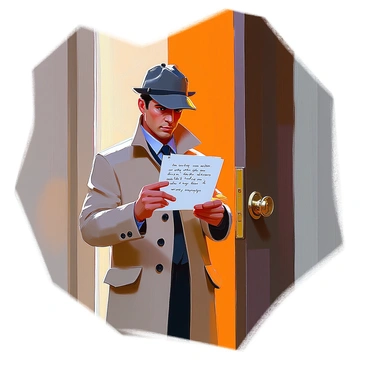 A detective with short dark hair and wearing a long trench coat stands at the front door of a historic building. The detective is holding a crumpled, handwritten note in one hand, studying it closely with a furrowed brow. The note, with visible ink smudges and uneven handwriting, is partially opened and reveals cryptic messages. The door is made of dark wood and has a brass doorknob that reflects light. Behind the detective, the entrance is dimly lit, enhancing the atmosphere of mystery. The detective's expression is serious and focused, indicating the importance of the note they are examining.
