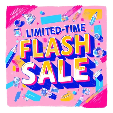 A bold subway advertisement features the phrase "LIMITED-TIME FLASH SALE" in large, eye-catching fonts. The colors of the text are vibrant and contrasting, designed to grab attention. Surrounding the text are dynamic geometric shapes and designs that enhance the overall visual appeal. The background is a bright, solid color that makes the announcement stand out prominently. There are small icons representing popular products included in the sale, strategically placed around the text to attract interest.