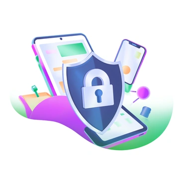 A shield icon with a sleek design, indicating data privacy, is prominently displayed in the center. Surrounding the shield are various digital devices, including a smartphone, a laptop, and a tablet. Each device is illustrated in a modern pastel color palette. The devices are strategically arranged to create a sense of coherence and connection, emphasizing the theme of data privacy in the digital age. The background is minimalistic, allowing the shield and devices to stand out clearly.