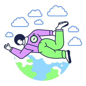 A skydiver is free-falling through the sky, with clouds surrounding them at various altitudes. On the skydiver's wrist is a compass, prominently displayed, showing direction with its needle pointing north. Below, the Earth can be seen, with patches of green land and blue water visible through the clouds. The skydiver's body is in a horizontal position, with arms spread wide, and their jumpsuit is billowing in the wind. The image captures the vastness of the sky and the beauty of the landscape below.