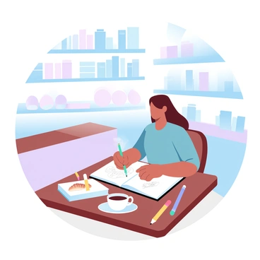 An art student is sitting at a small wooden table in a cozy coffee shop. The student has a sketchbook open and is focused on drawing with a pencil. Various art supplies, including colored pencils and an eraser, are spread out on the table. A steaming cup of coffee sits beside the sketchbook. Behind the student, there are shelves filled with books and art supplies. Soft, diffused light filters through the window, illuminating the space with a warm glow. Fluffy pastries are displayed on the counter, inviting patrons to indulge.