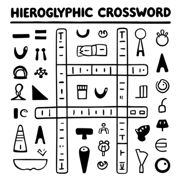 Hieroglyphic symbols arranged in a grid pattern, forming a crossword puzzle. Some symbols are intersecting, creating connections between words. The background is plain, allowing the intricately designed symbols to stand out prominently. Each symbol is distinct, showcasing various ancient Egyptian motifs and shapes, contributing to the overall complexity of the puzzle. "Hieroglyphic Crossword" is displayed at the top of the illustration.