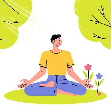 A person in a serene yoga pose is sitting on a green grass field. The individual is wearing comfortable yoga attire, with legs crossed and hands resting on their knees. The person's face shows a calm expression, reflecting relaxation. Surrounding them are lush trees with vibrant green leaves and a clear blue sky overhead. Gentle rays of sunlight filter through the branches, creating a warm, inviting atmosphere. A few colorful flowers are blooming nearby, adding to the tranquil outdoor setting.
