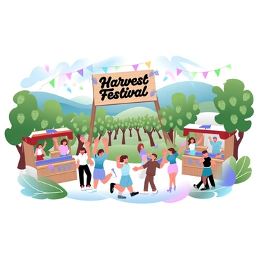 A large gathering of people is celebrating in a vibrant vineyard during a harvest festival. People of various ages are dressed in colorful outfits, dancing and laughing together. Stalls decorated with autumn-themed decorations showcase baskets filled with freshly harvested grapes. The lush green vines heavy with ripe grapes stretch across the rolling hills in the background. Colorful banners flutter in the gentle breeze, adding to the festive atmosphere. A large wooden sign displays the words “Harvest Festival” in bold letters, surrounded by clusters of grapes.