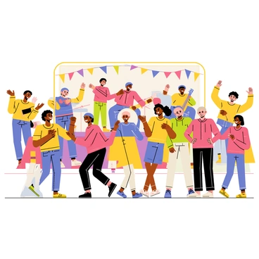 A diverse group of people of all ages is dancing together at a community event. There are children, teenagers, adults, and seniors, all smiling and enjoying the moment. The background features a vibrant stage with a live band playing, consisting of musicians with various instruments such as a guitar, drums, and a keyboard. Colorful decorations adorn the space, enhancing the celebratory atmosphere. Some people are clapping along to the music, while others have their arms raised in excitement. The scene captures a sense of togetherness and joy among the community members.