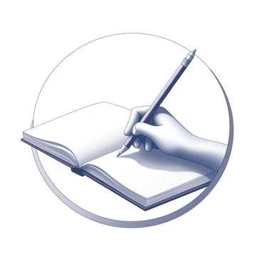 A round frame encircles a scene of a hand holding a pencil. The hand is in a relaxed position, with fingers gripping the pencil as it moves gracefully across an open notebook. The notebook lies flat on a surface, showcasing blank pages that appear slightly textured. The hand is positioned in such a way that it evokes a sense of creativity and concentration, capturing the act of sketching. The frame emphasizes the intimate process of drawing and writing in a notebook.