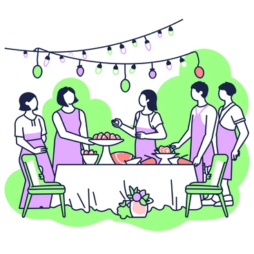 A garden party is taking place in a lush outdoor setting. Several guests are mingling, dressed in light summer attire. In the center, a large table is adorned with a white tablecloth and an arrangement of grapefruit-themed dishes. There are grapefruit slices artfully arranged on a platter, along with a refreshing grapefruit salad in a glass bowl. Surrounding the table, there are green chairs and colorful napkins. Decorations include green and purple balloons tied to the chairs and small centerpieces featuring fresh grapefruit and blooms. In the background, there are decorative string lights woven through trees, casting a warm glow over the scene.