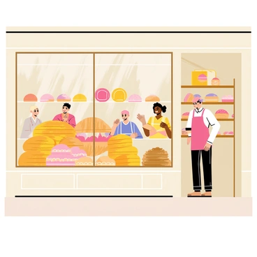 A bustling bakery with a warm, inviting exterior. The front window showcases an array of freshly baked goods, including golden crusty loaves of bread and a colorful variety of pastries. Behind the glass, flaky croissants are artfully arranged alongside glossy fruit tarts and powdered sugar-dusted éclairs. Customers can be seen inside, smiling as they browse the treats. The interior features charming wooden shelves filled with more baked delights and a friendly baker in an apron, busy behind the counter.