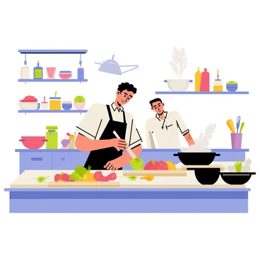 A chef with short black hair, wearing a white chef's coat and a black apron, is passionately preparing a colorful dish at a stainless steel countertop. The kitchen is busy, with several pans sizzling on the stove and vibrant vegetables like red peppers, green broccoli, and yellow carrots on the cutting board. The chef is chopping the vegetables with a sharp knife, while a colorful array of spices is scattered around the workspace. In the background, a chef's assistant is stirring a pot, and there are shelves filled with various ingredients, kitchen utensils, and pots hanging from the ceiling. A burst of steam rises from the stove, adding to the lively atmosphere.