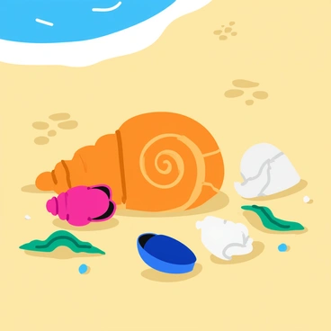 A variety of colorful shell specimens arranged on a sandy beach. The shells include a large spiral shell with intricate patterns, a small pink conch shell, a shiny blue mussel shell, and a white scallop shell. The sandy background features gentle waves lapping at the shoreline, with footprints leading towards the water. A few pieces of seaweed and small pebbles are scattered among the shells. Sunlight casts soft shadows, creating a warm, inviting atmosphere.