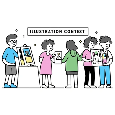 A group of students gathered in a brightly lit room, each holding pieces of artwork. One student, wearing glasses and a blue t-shirt, stands at a table, placing their colorful illustration onto a display board. Another student, with curly hair and a red dress, is discussing their artwork with a friend. Nearby, a student in a green hoodie is preparing to submit their work, carefully adjusting the framing of their piece. A banner on the wall reads "Illustration Contest" in bold letters. The atmosphere is filled with excitement and creativity as students interact and showcase their talents.