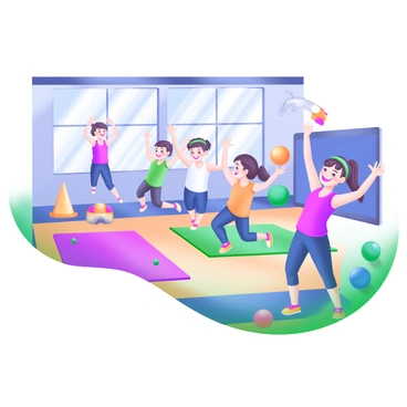 A lively scene depicting children in a gymnasium, energetically mimicking "lateral raises." Several children, both boys and girls, are positioned in various dynamic poses, with their arms raised to the side. They are wearing colorful athletic clothing, with bright sneakers and headbands. A teacher, demonstrating the exercise, is standing at the front of the class, encouraging the children. The gym is filled with equipment like mats, cones, and exercise balls, adding to the energetic atmosphere. Sunlight streams through the windows, illuminating the joyful expressions on the children's faces as they engage in this fun physical education activity.