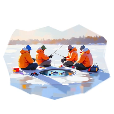 A group of ice fishermen, wearing warm winter clothing and hats, is sitting on a frozen lake. They are positioned around a circular hole cut into the ice, where several fish can be seen swimming beneath the clear surface. The fishermen are intently watching their fishing lines, with fishing gear scattered nearby. The landscape features a distant tree line and soft snow covering the ground, creating a serene winter atmosphere.