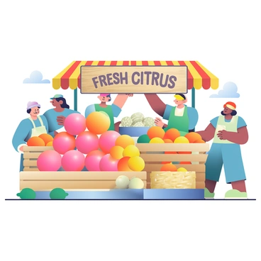 A bustling market stall is filled with a vibrant display of grapefruits, oranges, lemons, and limes. The grapefruits are arranged in neat pyramids, showcasing their bright pink and yellow hues. Beside them, the oranges are stacked in a wooden crate, their shiny skin reflecting the light. The lemons are placed in a wicker basket, and the limes are scattered around, adding a rich green color to the scene. Behind the stall, a colorful fabric awning flutters gently in the breeze, and customers are reaching out to pick the fruits. A sign made of wood is prominently displayed, reading "Fresh Citrus" in bold letters. The atmosphere is lively, filled with the sounds of chatter and laughter.