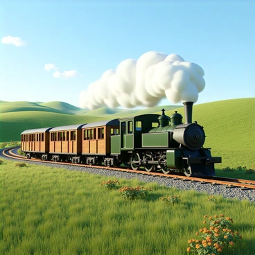 A vintage steam train with a dark green locomotive and several wooden cargo wagons is moving steadily along the tracks. The train is billowing white steam from its chimney, creating a dynamic scene. The background features rolling hills covered in vibrant green grass and clusters of colorful wildflowers. A clear blue sky stretches overhead, with a few fluffy white clouds. The sunlight casts warm tones on the train and the landscape, enhancing the rustic charm of the countryside.