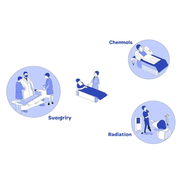 An illustration depicting various treatment options for medical conditions. In the center, there is an image of a doctor discussing treatment plans with a patient. To the left, an operating room with a surgical table and surgical instruments is visible, showcasing the surgical option. To the right, there are two additional sections: one illustrating a chemotherapy infusion setup with a patient receiving treatment through an IV drip and a nurse monitoring the process, and the other displaying a radiation therapy room with a machine used for treatment and a patient lying on a treatment table. Each section is labeled with "Surgery," "Chemotherapy," and "Radiation" prominently.