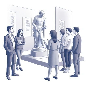 A museum tour guide stands in front of a famous sculpture, engaging a group of visitors. The guide is wearing a smart outfit, with a name tag visible. The sculpture, detailed and prominent, is crafted from stone and features intricate designs. The visitors are attentively listening, with a mix of expressions showing intrigue and curiosity. Some are holding notebooks, ready to take notes, while others are leaning in closer to get a better view of the sculpture. The setting includes museum walls adorned with art and informational plaques.