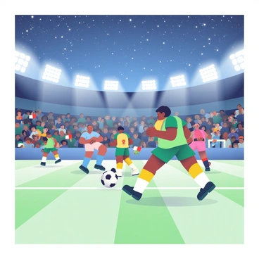 A soccer match is taking place under bright stadium lights illuminating the field. Players in colorful jerseys are actively engaged in the game, with one player skillfully dribbling the ball. Spectators in the stands are cheering passionately, some waving flags. Above the stadium, a dramatic sky is filled with twinkling stars, creating a stunning backdrop for the intense match. Shadows cast by the stadium lights create contrasting areas on the field, highlighting the players' movements.